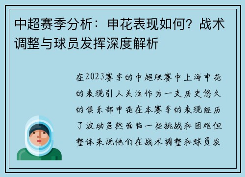 中超赛季分析：申花表现如何？战术调整与球员发挥深度解析